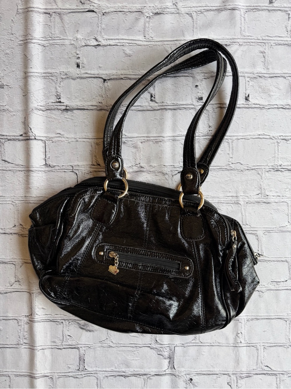Kathy Van Zeeland Purse Black Handbag Faux Patent Leather Tote Classic Preppy